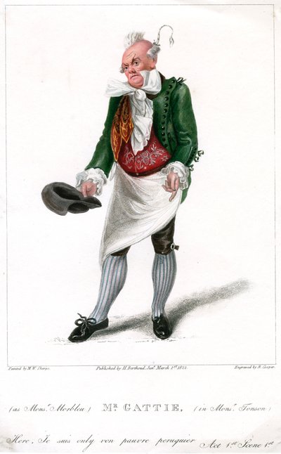 Herra Gattie Monsieur Morbleuna elokuvassa Monsieur Tonson, 1822. tekijältä R. Cooper