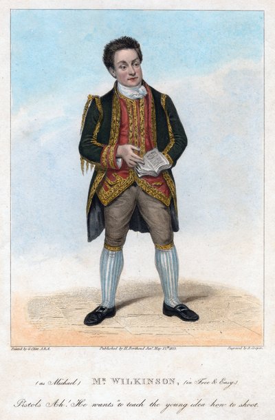 Mr Wilkinson Michaelina elokuvassa Free and Easy, 1822. tekijältä R. Cooper