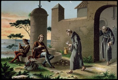 Kristoffer Kolumbuksen (1451-1506) saapuminen poikansa kanssa Rabidan luostariin, Amerikan löytöstä, joka julkaistiin Barcelonassa vuonna 1878 (värilitho) tekijältä R. Puiggari