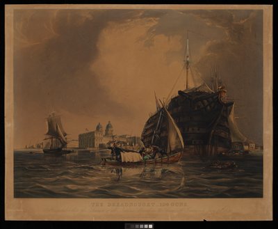 Dreadnought 104 tykkiä, sairaalalaiva kaikkien kansojen sotilaille, ankkuroituna Thamesissa Greenwichin edustalla, 20. kesäkuuta 1831. tekijältä R. W. Price