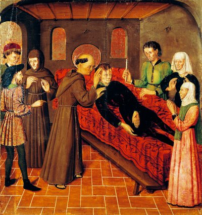 Haavoihinsa kuolleen miehen ylösnousemus, yksityiskohta Rafael Tomasin (aktiivinen 1455-1479) Pyhän Bernandin alttaritaulun vasemmasta paneelista, Joan Figueran predella (aktiivinen vuodesta 1454 - kuoli 1477 tai 1479), tempera paneelissa, 398, 9x253 cm tekijältä Rafael & Figuera Joan (active c.1454 1477) Tomas