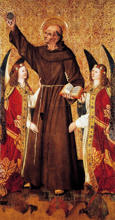 Pyhä Bernard ja enkelit, Rafael Tomasin (aktiivinen 1455-1479) Pyhän Bernardin alttaritaulun keskipaneeli, Joan Figueran predella (aktiivinen vuodesta 1454-kuoli 1477 tai 1479), paneelin tempera, 398, 9x253 cm tekijältä Rafael & Figuera Joan (active c.1454 1477) Tomas