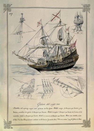 GALEONI 1600-luvulta 1800-luvun piirroksessa tekijältä Rafael Monleon y Torres