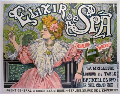 Julisteen mainonta "Elixir de Spa" belgialainen likööri tekijältä Raff (1861 1952)