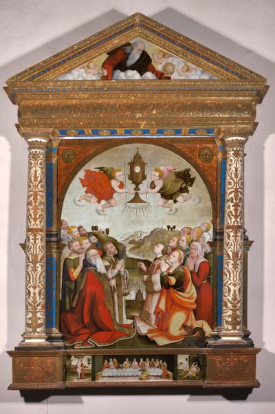 Alttaritaulu, joka esittää pyhän sakramentin palvomista predellassa: Sebastian ja Saint Roch. tekijältä Raffaele De (fl.1514 1573) Pancalino