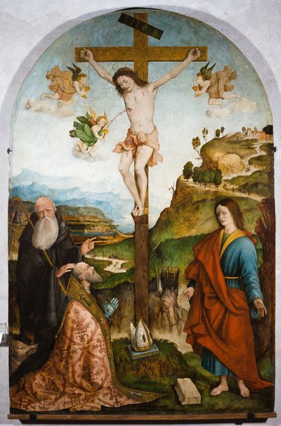 Ristiinnaulitseminen, noin 1528 (tempera paneelille). tekijältä Raffaele De (fl.1514 1573) Pancalino
