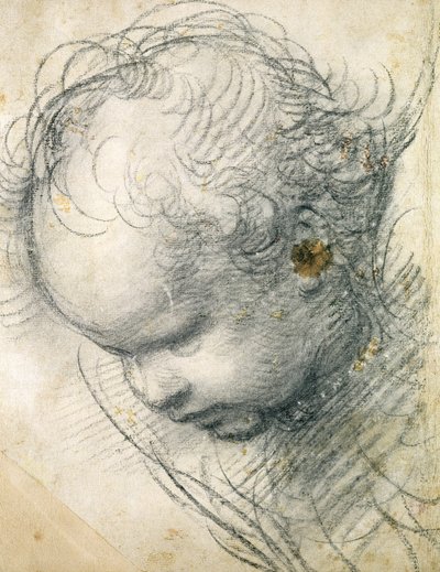 Kerubin pää (musta liitu ja puuhiili paperilla) tekijältä Raffaello Sanzio Raphael