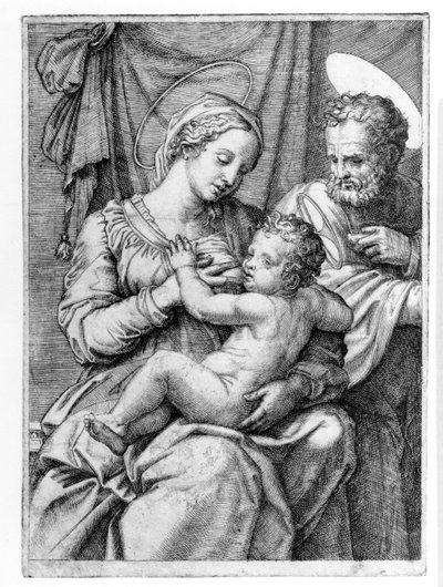 Pyhä perhe, kaiverrettu Marcantonio Raimondin toimesta, noin 1515. tekijältä Raffaello Sanzio Raphael