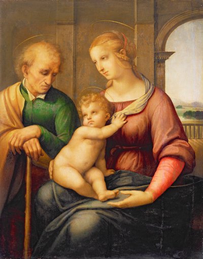 Pyhä perhe eli Madonna parrattoman Joosefin kanssa, n. 1506 (tempera ja öljy kankaalle siirretty paneelista) tekijältä Raffaello Sanzio Raphael