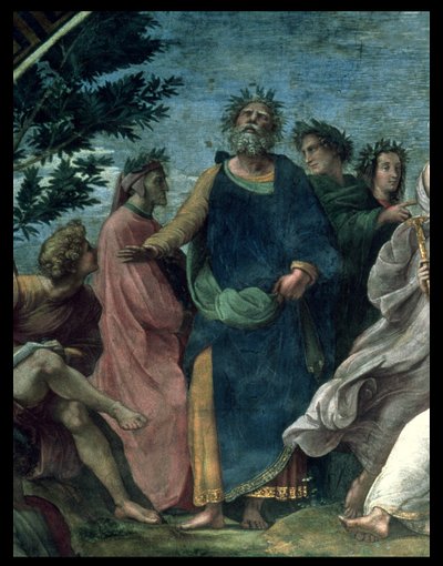 Parnassus, Homeroksen, Danten ja Vergiliusin yksityiskohta Stanze della Segnaturassa, 1510-1111 tekijältä Raffaello Sanzio Raphael