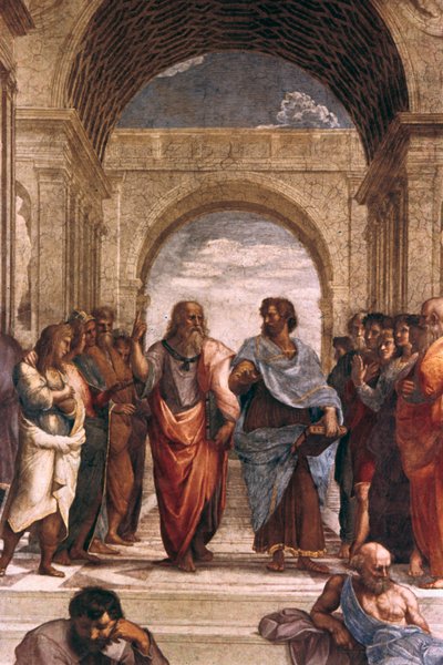 Ateenan koulu, Platonin ja Aristoteleen yksityiskohta, 1508-1511 tekijältä Raffaello Sanzio Raphael