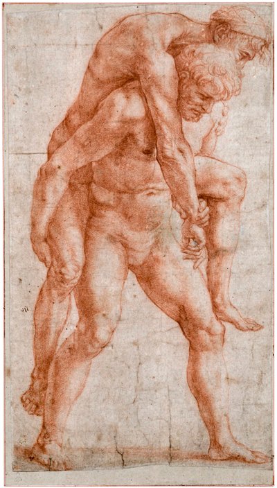 Nuori mies kantamassa vanhaa miestä selässään Aeneas ja Anchises, n. 1514 tekijältä Raffaello Sanzio Raphael