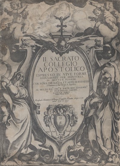 Etukappale, jossa kaksi hahmoa pitelee kääröjä ja kerubeja, jotka reunustavat cartouchea cen..., 1606-07. tekijältä Raffaello Schiaminossi