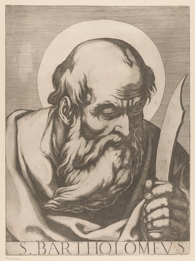 Pyhä Bartolomeus S. Bartholomeus (otsikko esineessä) Kristus, Maria ja kaksitoista apostolia (sarjan nimi) Il sacrato collegio apostolico (sarjan nimi) tekijältä Raffaello Schiaminossi