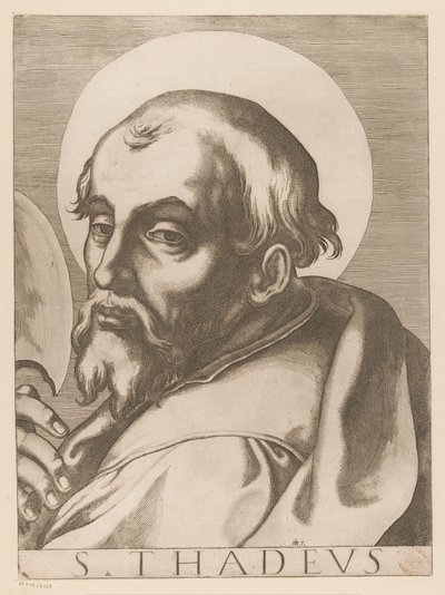 Heilige Judas Taddeus St. Thaddeus (otsikko esineessä) Christ, Mary en de twaalf apostelen (sarjan nimi) The Sacred Apostol College (sarjan nimi) tekijältä Raffaello Schiaminossi