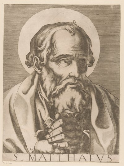 Pyhä Matteus S. Matthaeus (otsikko esineessä) Kristus, Maria ja kaksitoista apostolia (sarjan nimi) Il sacrato collegio apostolico (sarjan nimi) tekijältä Raffaello Schiaminossi