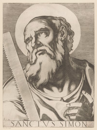 Pyhä Simon Zelotit Saint Simon (otsikko esineessä) Christ, Mary en de twaalf apostelen (sarjan nimi) The Sacred Apostol College (sarjan nimi) tekijältä Raffaello Schiaminossi
