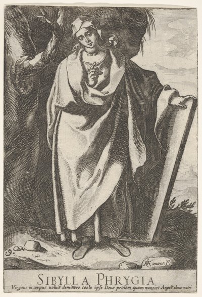 Levy 9: Fryygialainen Sibylla pitelee tabletin yläosaa vasemmalla kädellä ja osoittaa..., 1609. tekijältä Raffaello Schiaminossi
