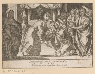 Van Christus in de tempelin esitys Vijftien Mysteries van de Rozenkrans (sarjan nimi) Siunatun Neitsyt Marian ruusukkeen viisitoista salaisuutta (sarjan nimi) tekijältä Raffaello Schiaminossi