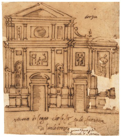 Suunnitelma San Lorenzon julkisivua varten, Firenze (tussi ja ruskea muste, öljytylle kuultopaperille) tekijältä Raffaello da Montelupo