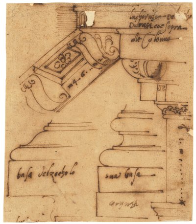 Luonnoksia Konstantinuksen kaaren eri elementeistä, Rooma (kynä ja ruskea muste, öljytylle kuultopaperille). tekijältä Raffaello da Montelupo