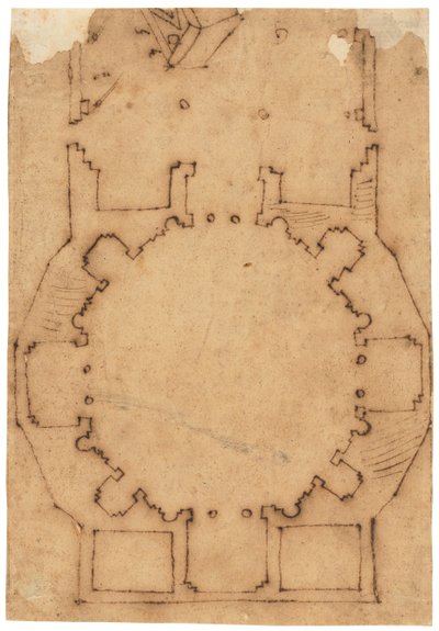 Kirkon pohjapiirros (kynä ja ruskea muste, öljytylle kuultopaperille). tekijältä Raffaello da Montelupo