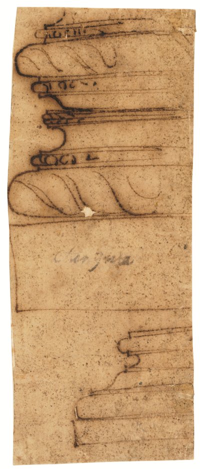 Kaksi arkkitehtonista fragmenttia (kynä ja ruskea muste, öljytylle kuultopaperille). tekijältä Raffaello da Montelupo