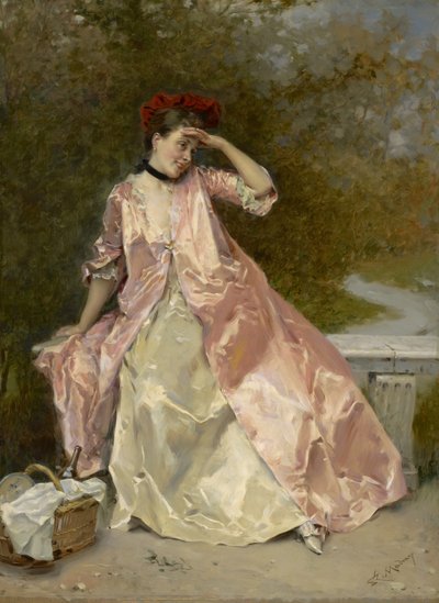 Nainen piknikkorin kanssa, n. 1890 tekijältä Raimundo de Madrazo y Garreta