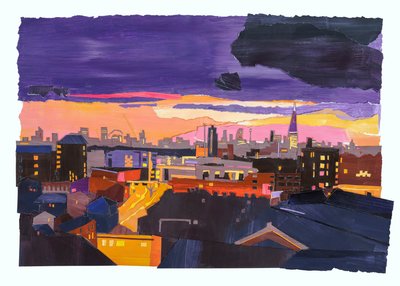 Rooftops over London, 2022 (akryyli ja kollaasi paperille) tekijältä Raina Goran