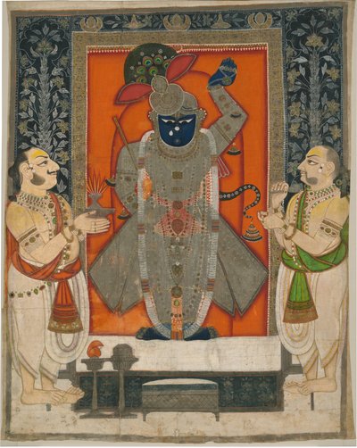 Papit, jotka palvovat Krishnaa Shrinathjina ruoanvuoren juhliin [Annakuta utsava]; pyhäkkö roikkuu [pichhavai] tekijältä Rajasthan Kota school