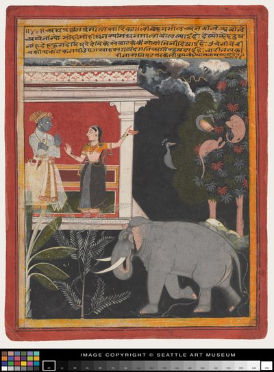 Krishna vastaanottamassa Radhaa, 1700-luvun alku (maalaa paperille) tekijältä Rajput School