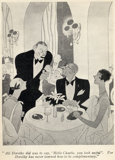 "Dorothy ei muuta kuin sanonut: Hei Charlie, näytät kamalalta."..., kuvitus Anita Loosin vuonna 1928 julkaistusta "But Gentlemen Marry Brunettes" -kirjasta tekijältä Ralph Barton