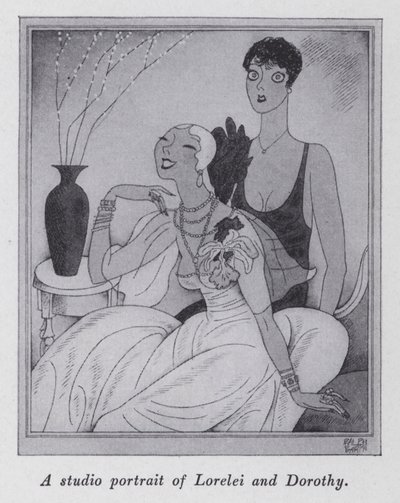Kuvitus Anita Loosin (litho) kappaleeseen "Mutta herrat naimisiin brunettien kanssa" tekijältä Ralph Barton