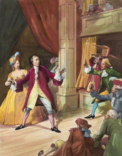 David Garrick (1717-79) vastassaan teatterikävijöiden mellakka (guassi paperille). tekijältä Ralph Bruce