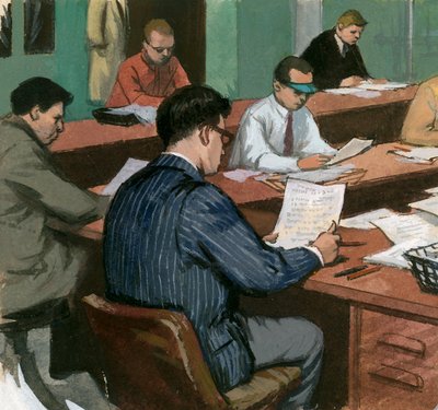 Toimittajat työpöytänsä ääressä 1960-luvulla tekijältä Ralph Bruce