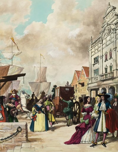 Kuningas Kaarle II (1630-85) restauroi teatterin (guassi paperille) tekijältä Ralph Bruce