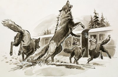 Matkustajat lumihangessa olevassa junassa taistelevat nälkäisiä susia vastaan (guassi paperille). tekijältä Ralph Bruce