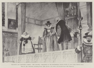 Beaumontin ja Fletcherin komedia, The Coxcomb, Elizabethan Stage Societyn esittämä Inner Temple Hallissa tekijältä Ralph Cleaver