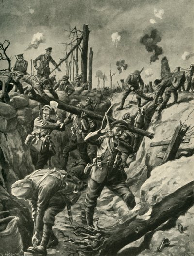 Brittiläiset sotilaat saksalaisessa juoksuhaudossa, länsirintama, ensimmäinen maailmansota, c1915, c1920. tekijältä Ralph Cleaver