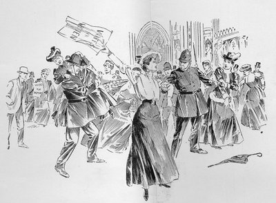 Repressible Suffragettes luovat käänteen aulassa artikkelista "The Reassembling of Parliament", joka julkaistiin The Graphicissa, 27. lokakuuta 1906. tekijältä Ralph Cleaver