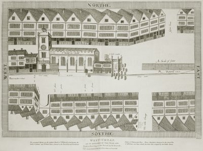 West Cheap sellaisena kuin se ilmestyi vuonna 1585, kaivertanut Bartholemew Howlett (1767-1827), julkaistu 1814 tekijältä Ralph Treswell