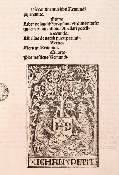 Sivu Ramon Llullin (1235-1315) koodeksista "De Laudibus Beatissimae Virginis Mariae", joka kuvaa kahta leijonaa pitelemässä kirjapaino Jehan Petitin vaakunaa. tekijältä Ramon Llull