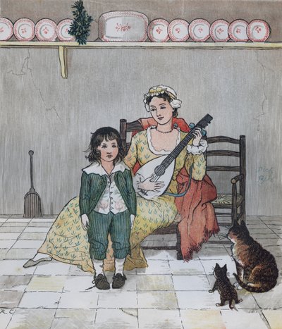 Oliver Goldsmithin Elegia hullun koiran kuolemasta. Mestari Bill Primrose valmistautuu laulamaan tarinaa. Kuvitus Randolph Caldecott tekijältä Randolph Caldecott
