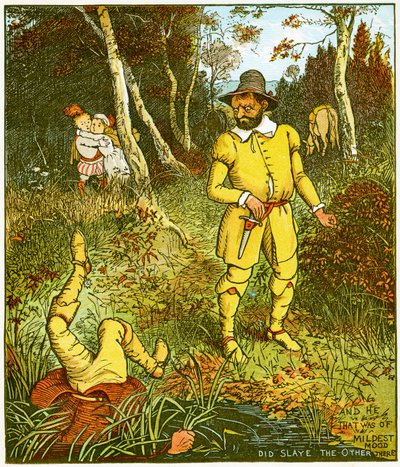"Ja se, joka oli lempeimmällä tuulella, tappoi toisen siellä", kuva Babes in the woodista tekijältä Randolph Caldecott