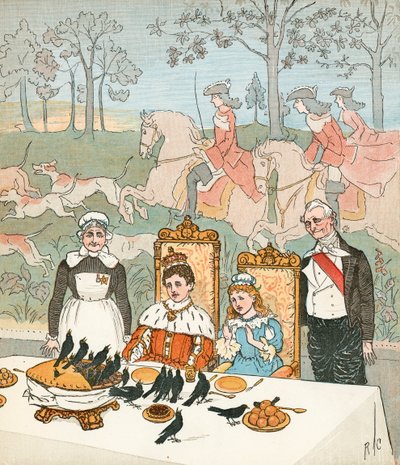 Neljä ja kaksikymmentä mustarastas (värilitografia) tekijältä Randolph Caldecott