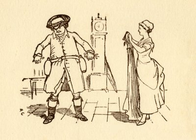 John Gilpin kiinnittää viinipulloja vyöhönsä, 1878, c1918. tekijältä Randolph Caldecott