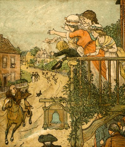 John Gilpin laukkaa Bell Innin ohi, kun hänen vaimonsa ja lapsensa vilkuttavat parvekkeelta, 1878, c1918. tekijältä Randolph Caldecott