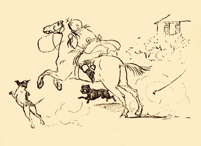 Koirat jahtaavat John Gilpiniä, kun hänen hevosensa laukkaa hallinnasta, 1878, 1918. tekijältä Randolph Caldecott