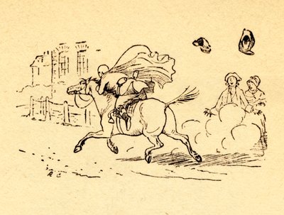 John Gilpinsin hevospultit, hattu ja peruukki puhalletaan pois, 1878, c1918. tekijältä Randolph Caldecott