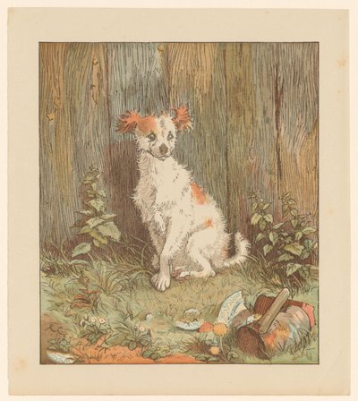 Pieni koira istumassa aidan vieressä tekijältä Randolph Caldecott